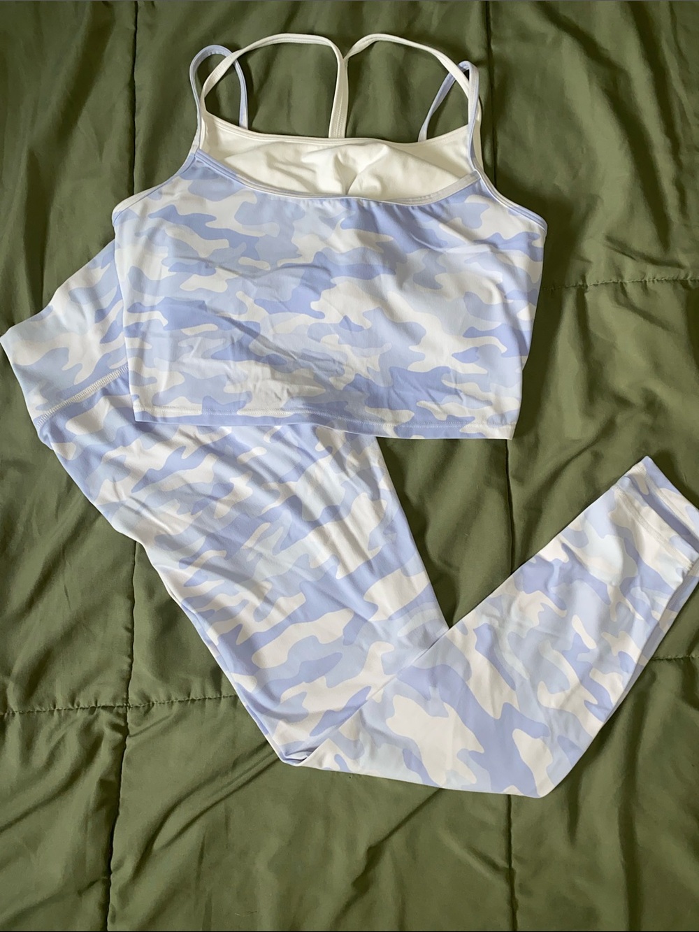Light Blue Camo Strappy Sports Bra - Women's Supportive Activewear - worn once